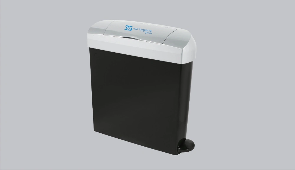 An NWR Hygiene-branded sanitary bin. 