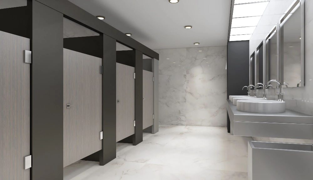 A modern, clean, grey public washroom with several stalls and sinks.